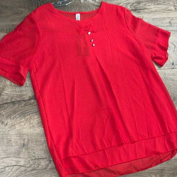 Coquette lolita RED chiffon SHEER blouse short flutter sleeves gem BOW TIE shirt - Picture 14 of 16